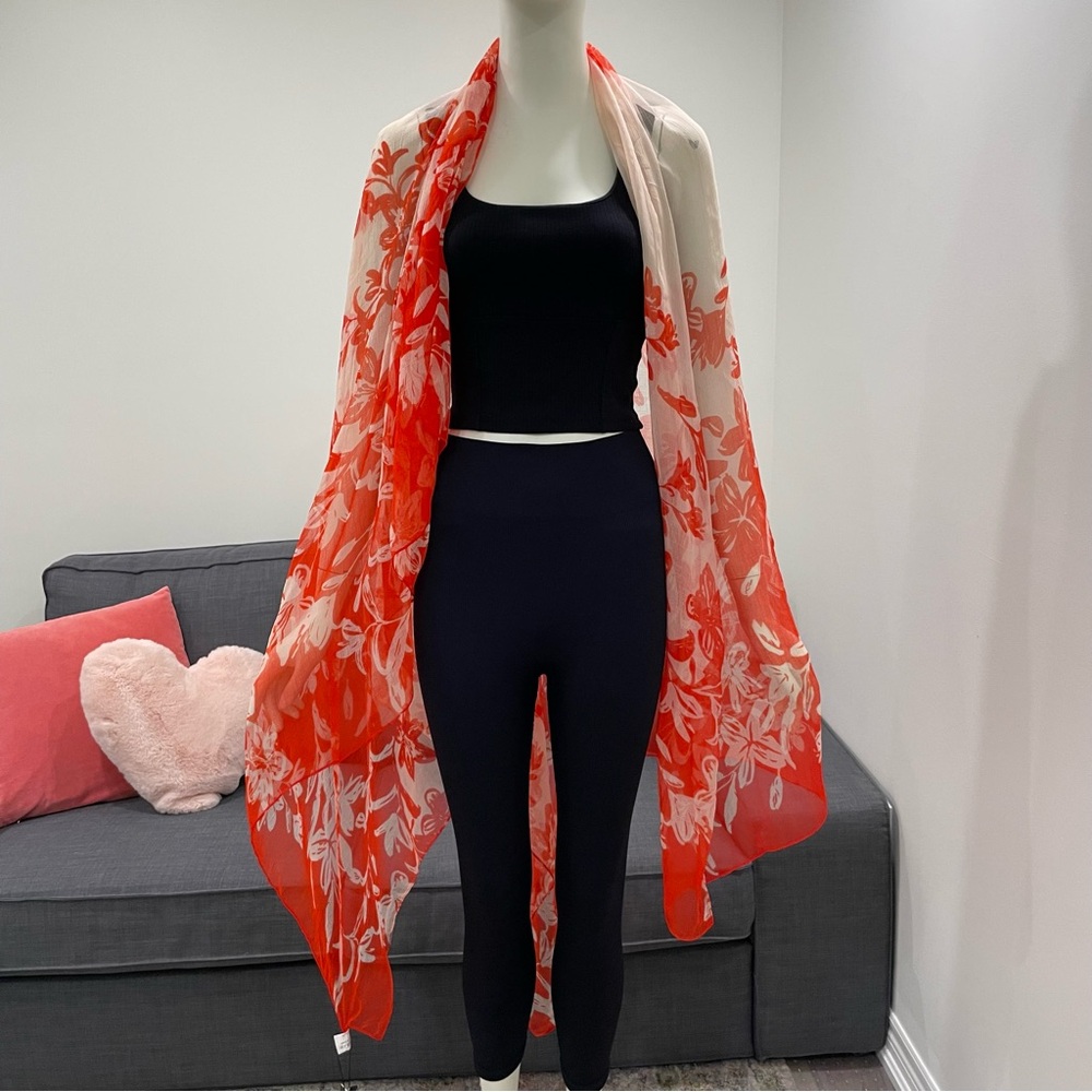 NWT RED CORAL Scarf Shawl Cover-Up Pareo Wrap Floral Sheer Blush Pink Orange Red